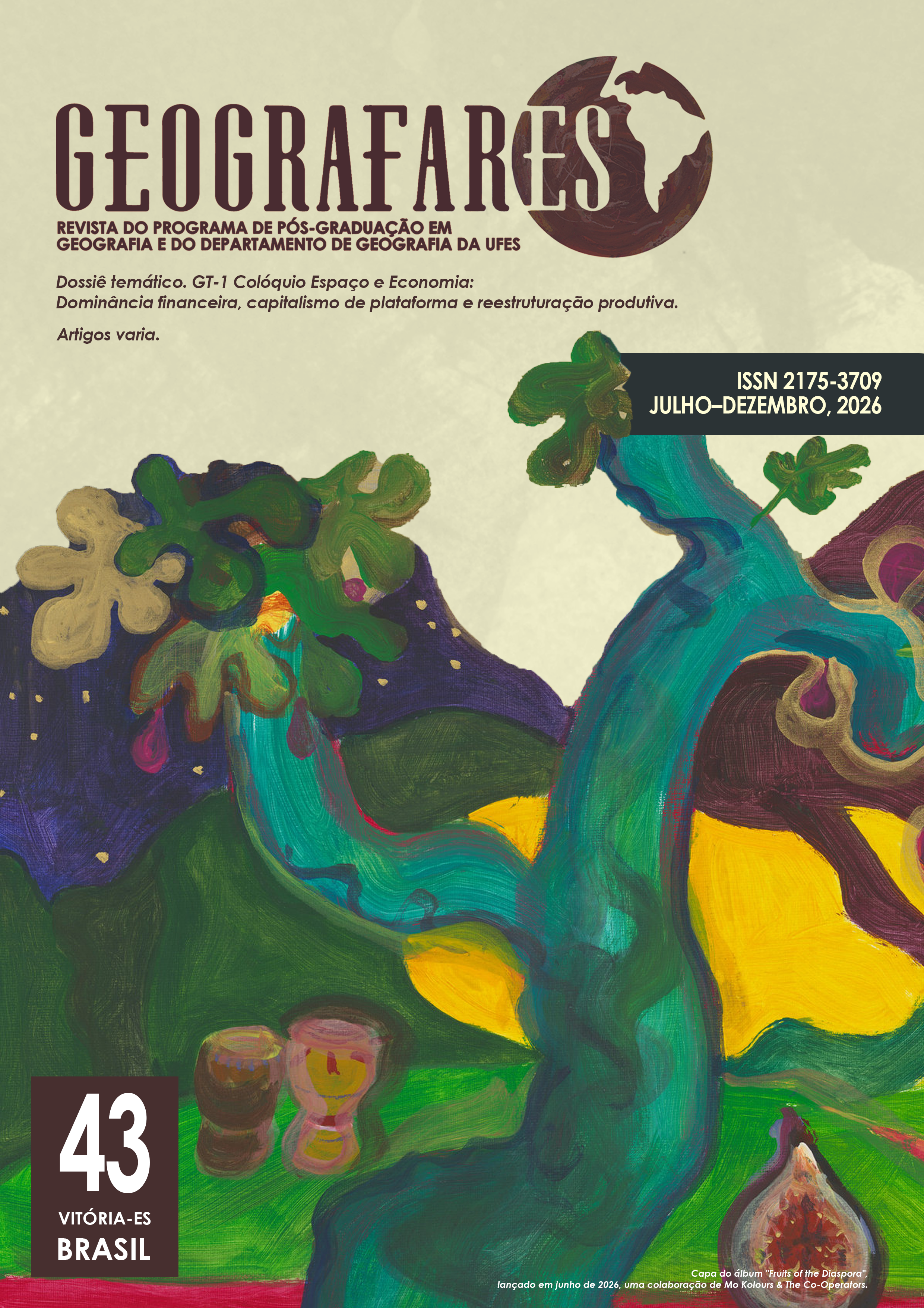 Edição: v. 6 n. 43 (2026): Revista Geografares. Dossiê temático. GT-1 Colóquio Espaço e Economia: Dominância financeira, capitalismo de plataforma e reestruturação produtiva. Artigos varia. Capa do álbum "Fruits of the Diaspora",lançado em junho de 2026, uma colaboração de Mo Kolours & The Co-Operators.