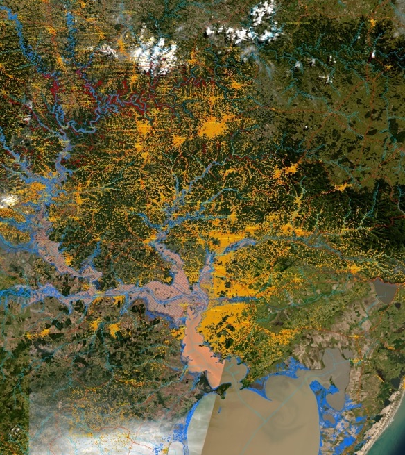 Imagem de satélite com as sub-bacias dos rios Taquari-Antas-Jacuí, Caí, Sinos e Gravataí e suas águas nas planícies de inundações