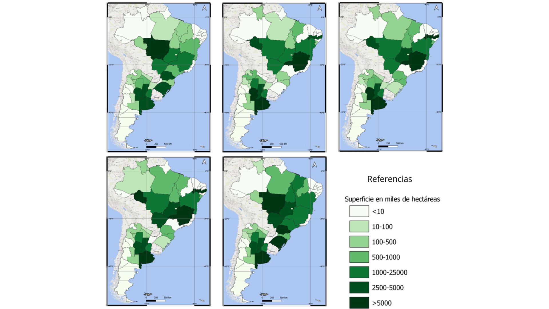 Evolución del cultivo de soja en Argentina y Brasil, por provincia y estado respectivamente (años seleccionados)