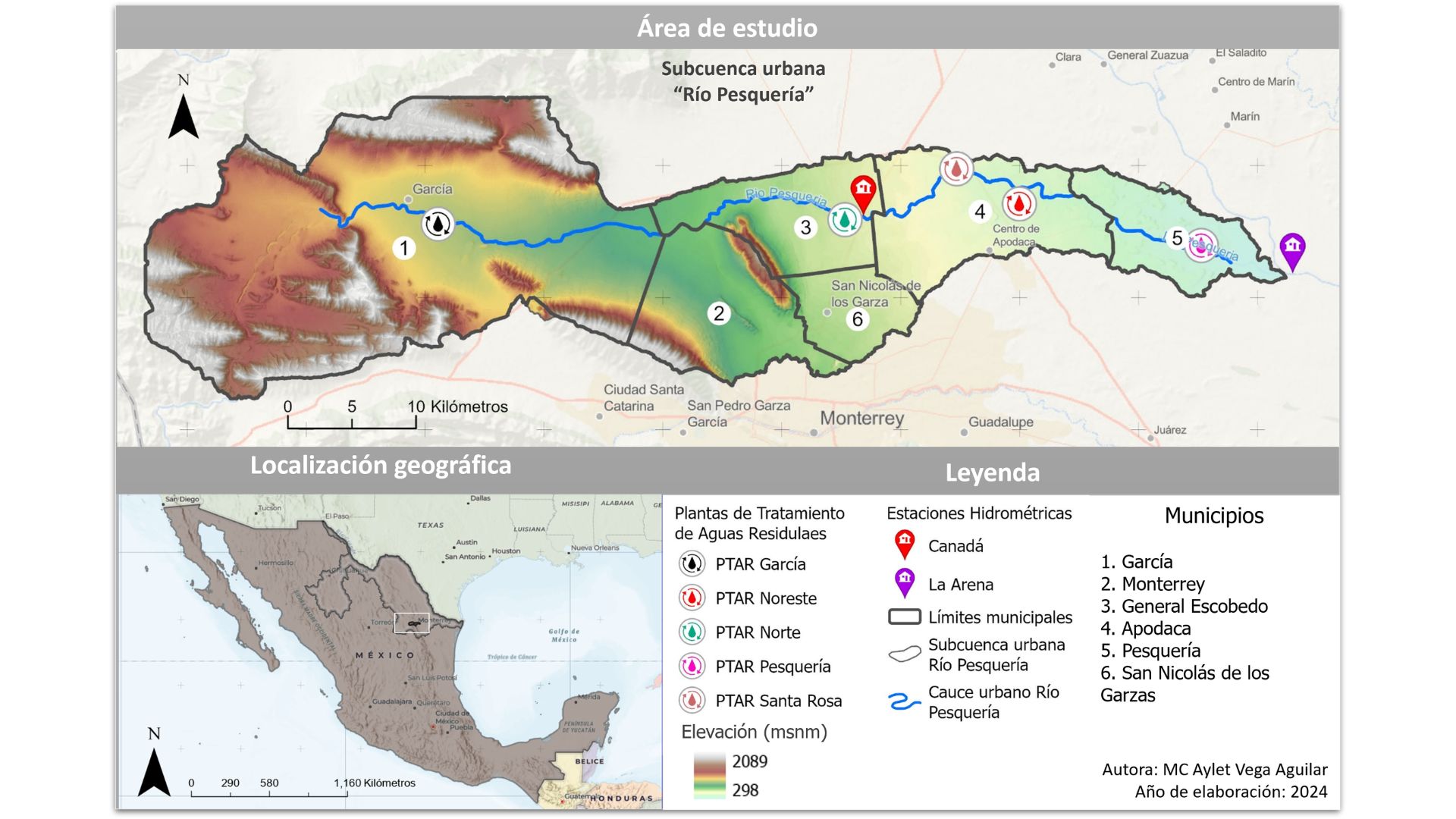 Ubicación de la subcuenca urbana del río Pesquería (Cuenca del río Bravo, México).