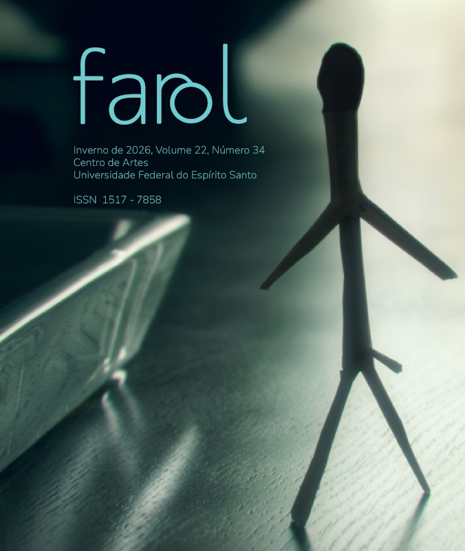 Capitura de tela do filme Blade Runner que mostra um boneco de palitos em cima de uma mesa com um cinzeiro do lado. Na parte superior da imagem, lê-se Farol, inverno de 2026, volume 22, número 34. Centro de Artes, Universidade Federal do Espírito Santo. ISSN 1517-7858
