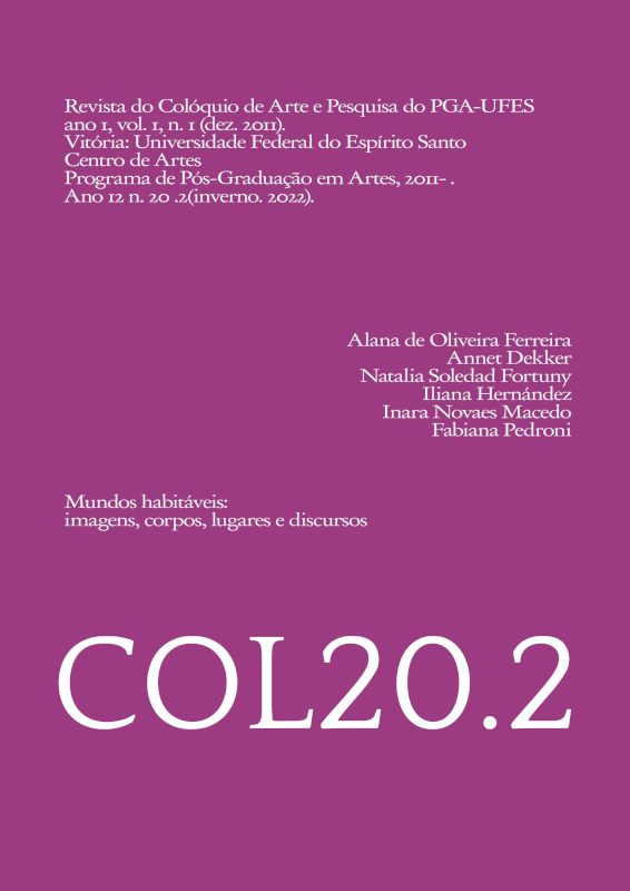 Fundo violeta com referência completa da revista em letras brandas no topo, seguido de nomes de pessoas autoras, título da edição e indicação, em letras maiores, de COL20.2