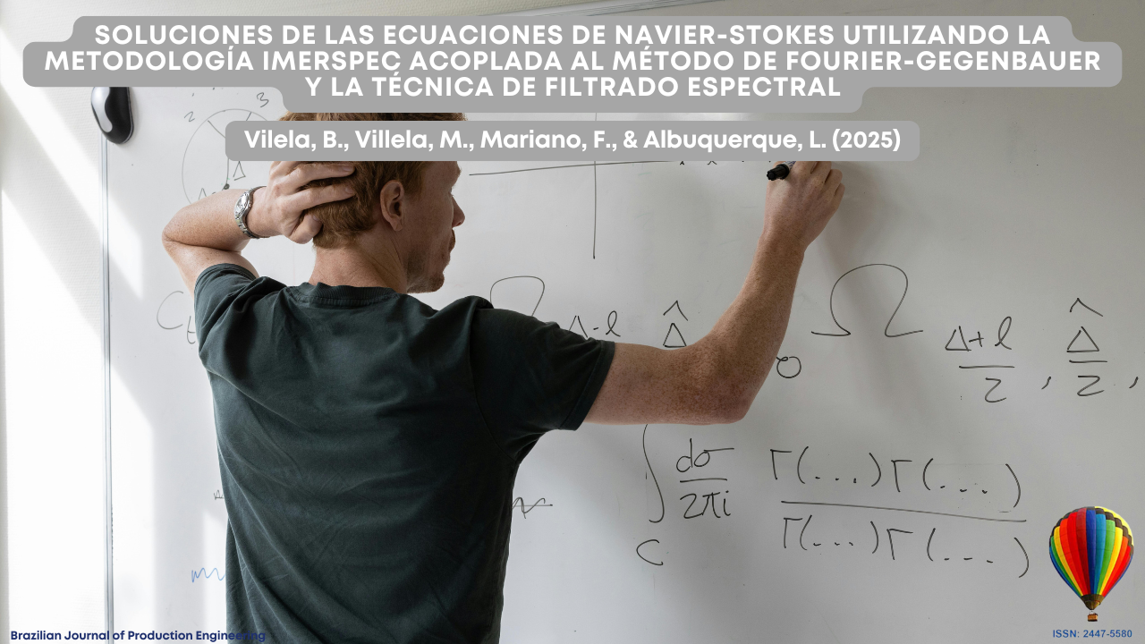 "Un investigador escribe fórmulas matemáticas complejas en una pizarra blanca. La imagen se utiliza como portada de un artículo científico en la Brazilian Journal of Production Engineering, con el título del trabajo y los nombres de los autores en destaque."