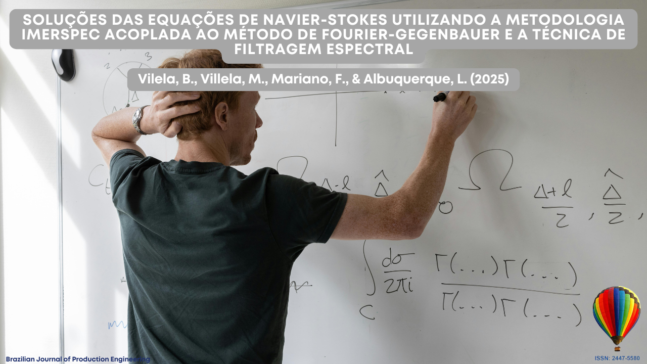 "Um pesquisador escreve fórmulas matemáticas complexas em um quadro branco. A imagem é utilizada como capa de artigo científico na Brazilian Journal of Production Engineering, com o título do trabalho e os nomes dos autores em destaque."