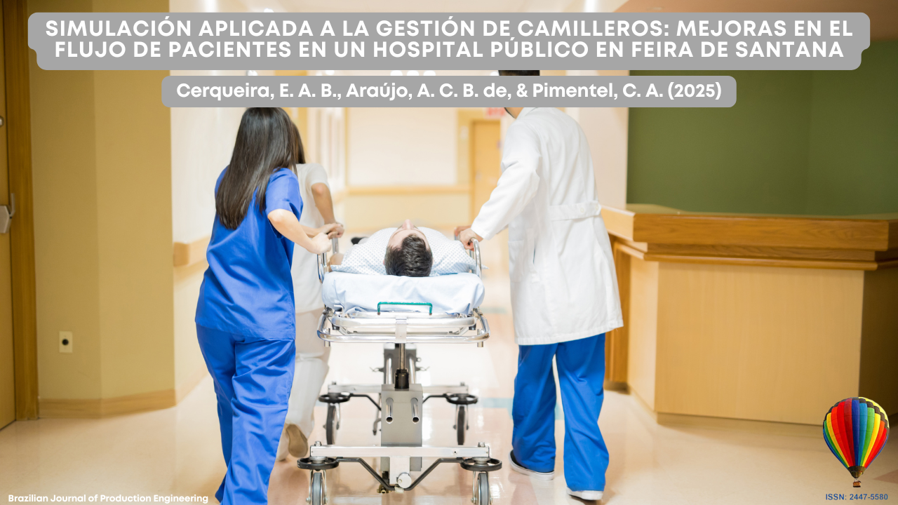 "Imagen de portada del artículo de la Brazilian Journal of Production Engineering, mostrando a personal hospitalario, incluida una enfermera y un médico, trasladando a un paciente en una camilla por un pasillo. El título destaca el uso de la simulación para mejorar la gestión del flujo de pacientes en un hospital público de Feira de Santana."