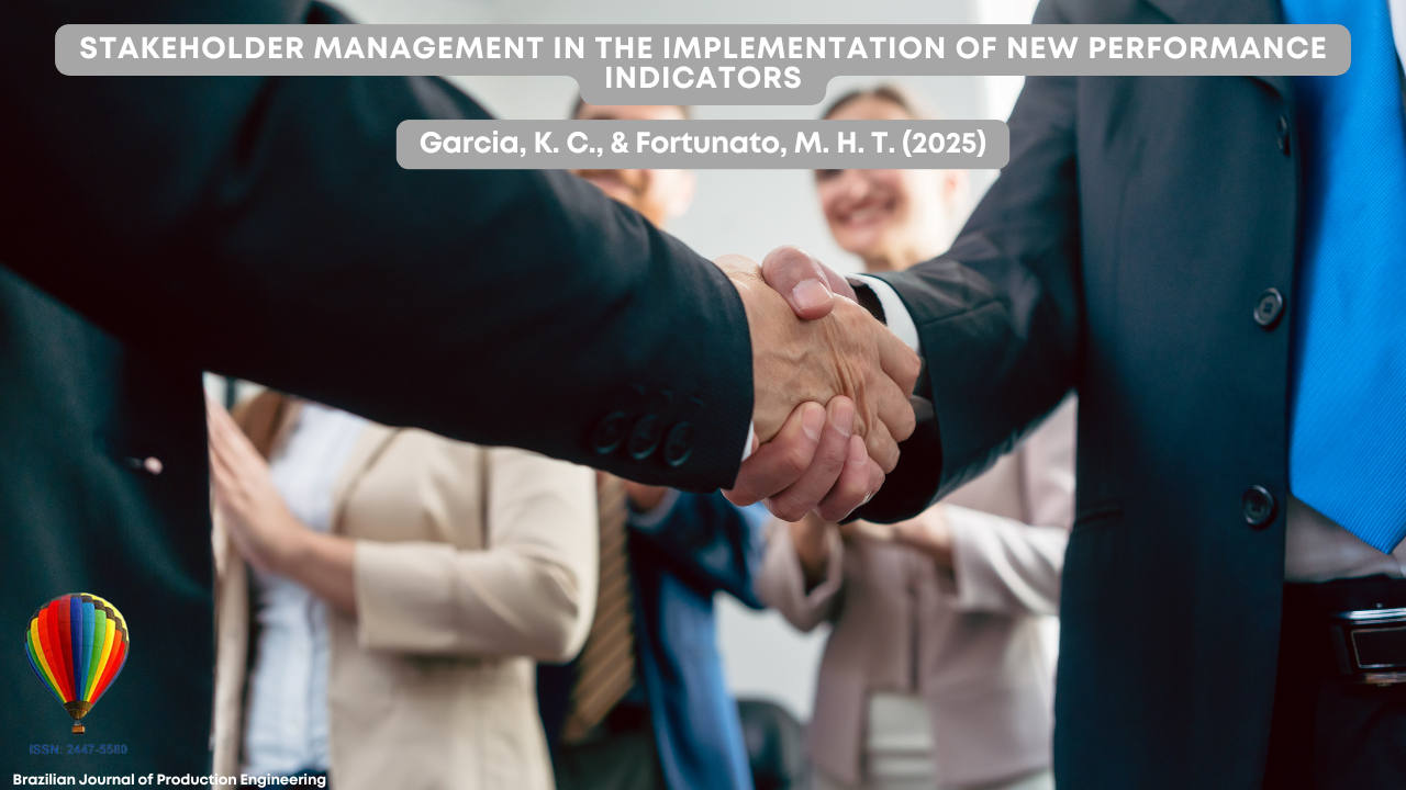 "Cover image of the Brazilian Journal of Production Engineering article, showing a close-up of two people in business suits shaking hands, with colleagues clapping in the background. The title highlights stakeholder management in the implementation of new performance indicators."