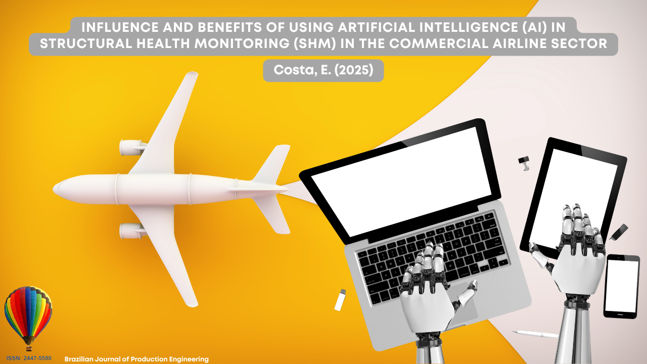 Cover image of the article “Influence and benefits of using artificial intelligence (AI) in structural health monitoring (SHM) in the commercial airline sector.” The image features a white airplane seen from above, placed against a vivid yellow background. Next to the airplane, a laptop, a tablet, and a smartphone are being used by metallic robotic hands, symbolizing artificial intelligence integration. The article title and author credit (Costa, E., 2025) are displayed in white text on light-gray banners at the top. A colorful hot-air balloon BJPE logo and ISSN appear in the bottom left corner, and the text “Brazilian Journal of Production Engineering” appears on the bottom right.