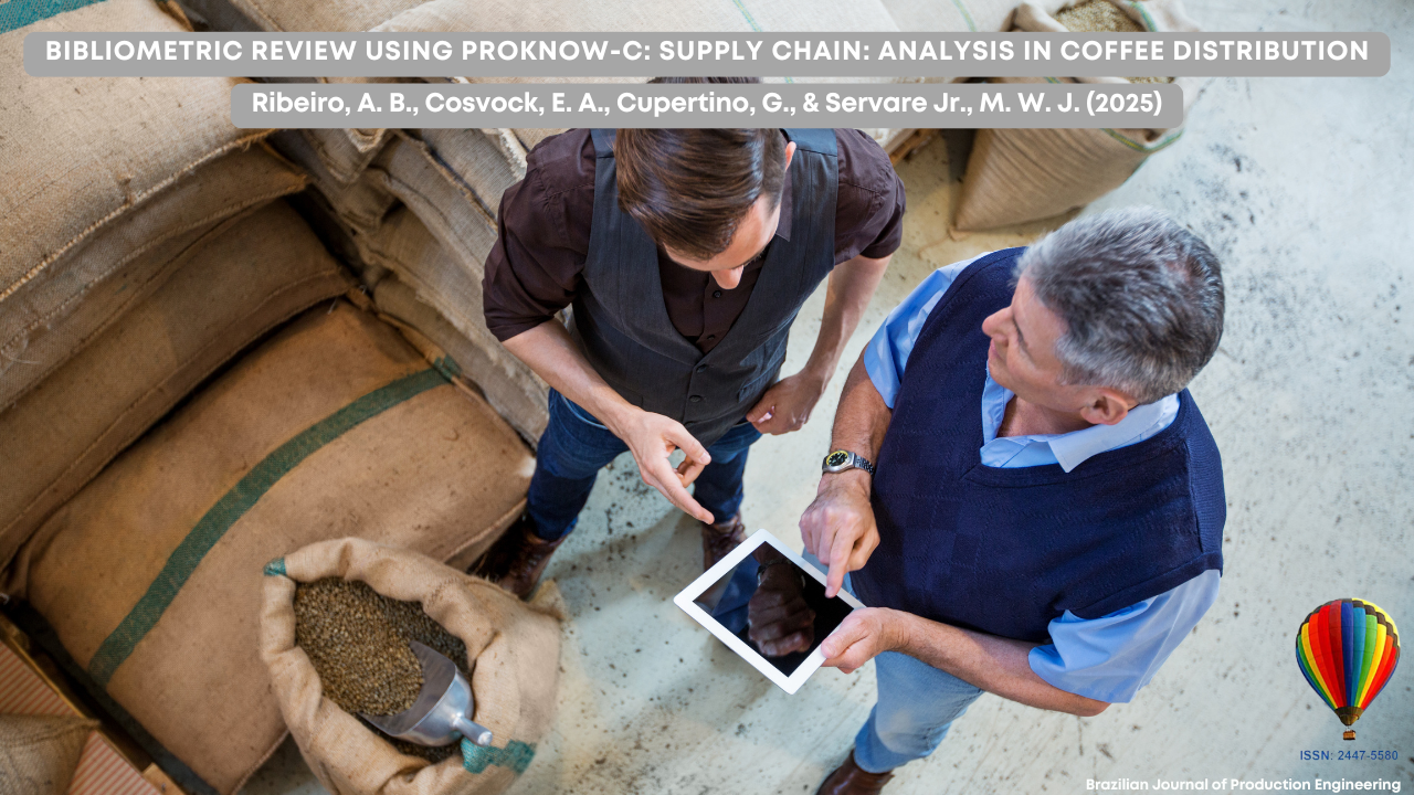 Two professionals are discussing data on a tablet, surrounded by stacks of coffee sacks in a warehouse. This image is the cover of the article "Bibliometric Review Using Proknow-C: Supply Chain Analysis in Coffee Distribution", published in the Brazilian Journal of Production Engineering (2025).