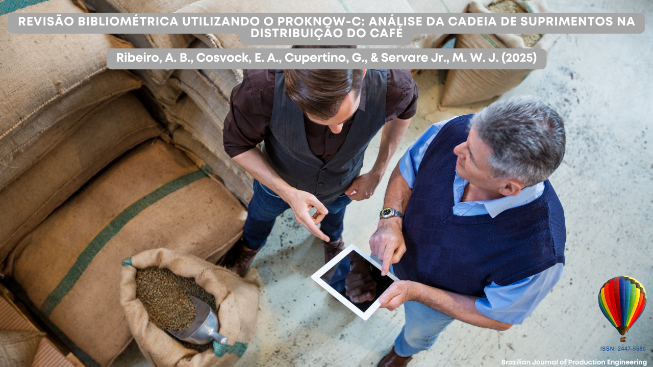 Dois profissionais conversam enquanto analisam dados em um tablet, em meio a sacos de café empilhados em um armazém. A imagem representa a capa do artigo "Revisão Bibliométrica Utilizando o Proknow-C: Análise da Cadeia de Suprimentos na Distribuição do Café", publicado na Brazilian Journal of Production Engineering (2025).