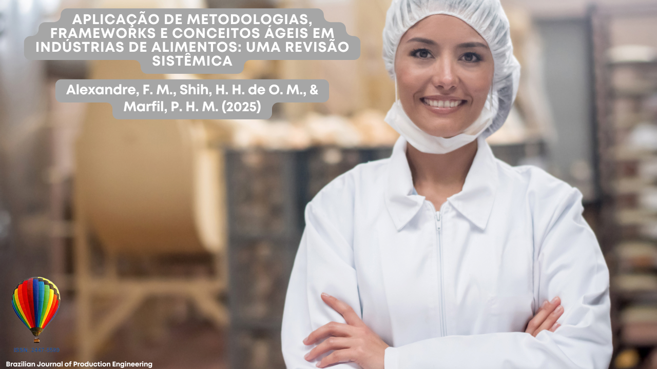 Descrição da imagem: Uma mulher usando jaleco branco, touca e máscara aparece sorrindo com os braços cruzados, em um ambiente que lembra uma indústria de alimentos. No topo, em uma caixa cinza, está o título do artigo: “Aplicação de metodologias, frameworks e conceitos ágeis em indústrias de alimentos: uma revisão sistêmica”. Abaixo, aparecem os nomes dos autores. No canto inferior esquerdo, está o logotipo do balão colorido da BJPE com o ISSN da revista.
