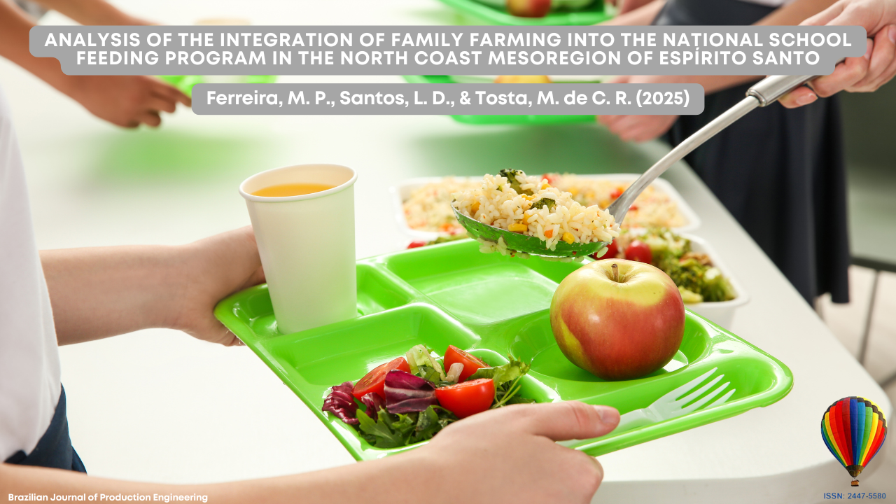 "Cover image of the Brazilian Journal of Production Engineering article, showing a student holding a green tray with rice, salad, an apple, and juice while being served at a school cafeteria. The title highlights the integration of family farming into the National School Feeding Program in Espírito Santo."