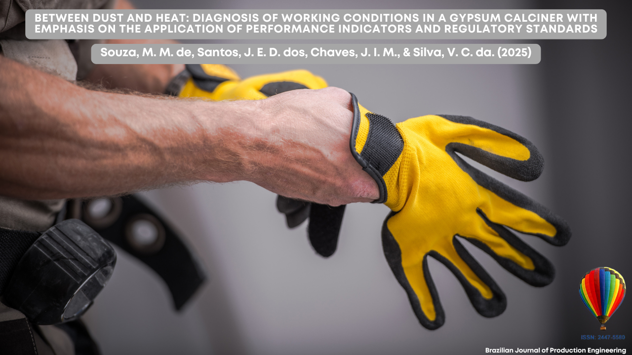 A worker putting on yellow protective gloves, preparing for a manual task. The image focuses on the protected hands, symbolizing the importance of safety in industrial environments. At the top, the title of the scientific article published in the Brazilian Journal of Production Engineering discusses working conditions in a gypsum calciner.
