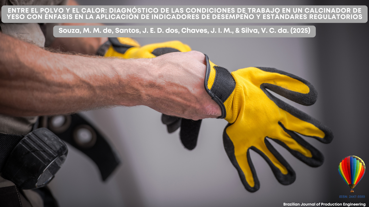 Un trabajador colocándose guantes protectores amarillos, preparándose para una tarea manual. La imagen enfoca las manos protegidas, simbolizando la importancia de la seguridad en entornos industriales. En la parte superior, el título del artículo científico publicado en la Brazilian Journal of Production Engineering aborda las condiciones laborales en una calcinadora de yeso.