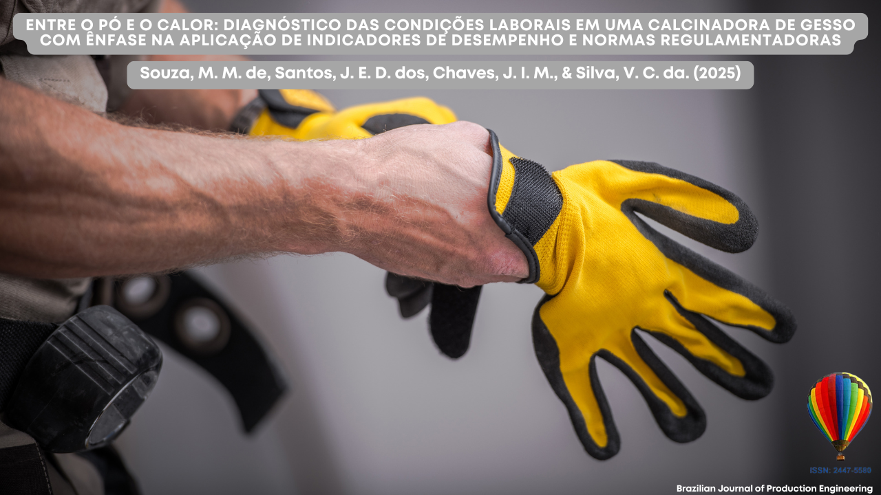 Um trabalhador com luvas de proteção amarelas se preparando para uma tarefa manual. A imagem destaca as mãos protegidas, simbolizando a importância da segurança no ambiente industrial. No topo, aparece o título do artigo científico publicado na Brazilian Journal of Production Engineering, abordando as condições de trabalho em uma calcinadora de gesso.