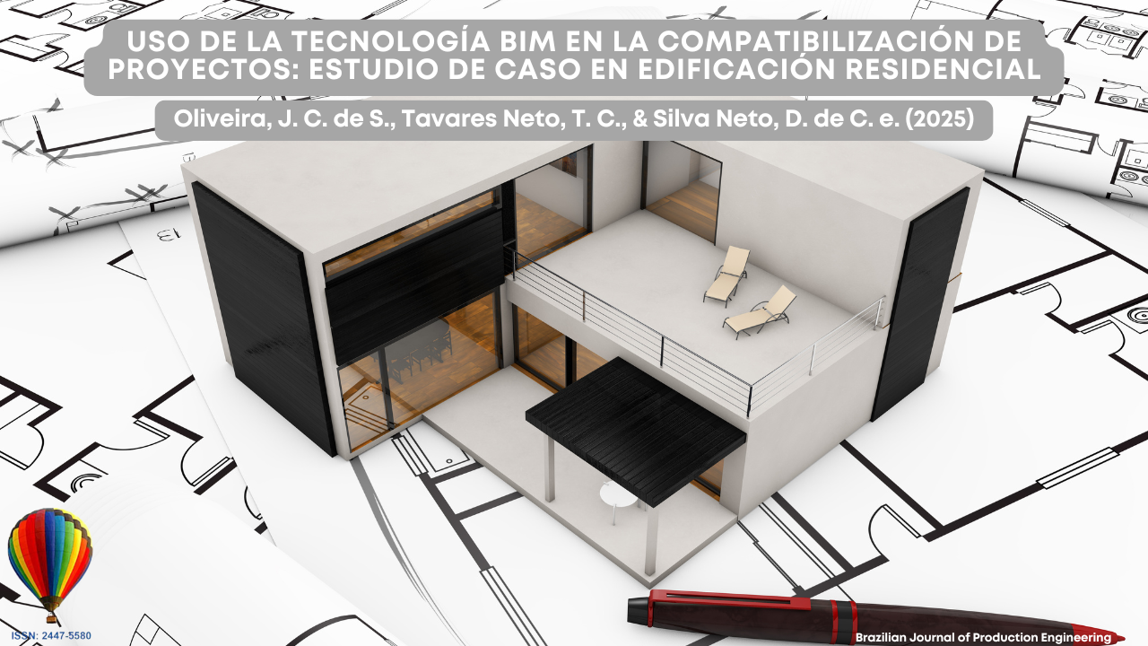 "Imagen de portada de un artículo científico que muestra una maqueta digital en 3D de una casa moderna sobre planos arquitectónicos impresos. El título del artículo aparece en la parte superior: 'Uso de la tecnología BIM en la compatibilización de proyectos: estudio de caso en edificación residencial'. En la parte inferior se presentan los nombres de los autores y la identificación de la revista Brazilian Journal of Production Engineering."