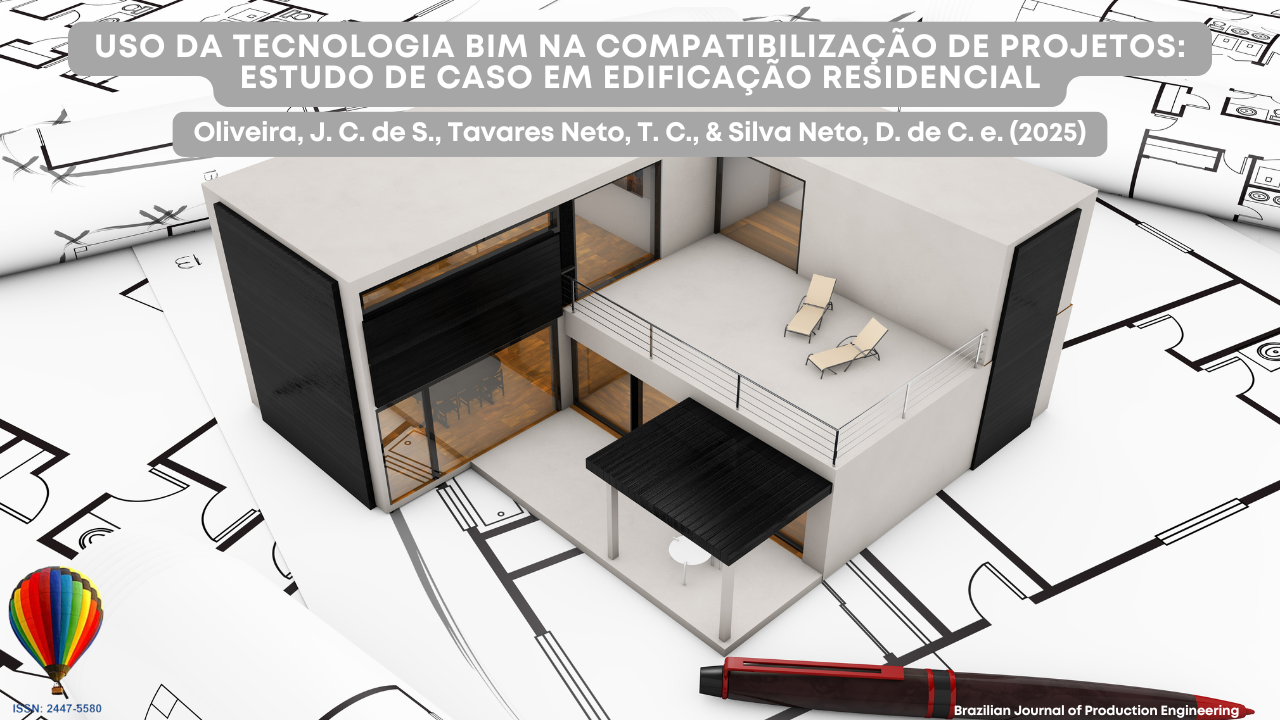 "Imagem de capa de artigo científico mostrando a maquete digital de uma casa moderna em 3D sobre plantas arquitetônicas em papel. O título do artigo aparece na parte superior: 'Uso da tecnologia BIM na compatibilização de projetos: estudo de caso em edificação residencial'. Na parte inferior, consta o nome dos autores e a identificação da revista Brazilian Journal of Production Engineering."