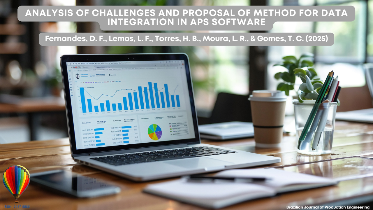 "Cover image of the article published in the Brazilian Journal of Production Engineering, showing a laptop on a wooden desk with colorful graphs and charts on the screen, alongside a coffee cup, a plant, and office supplies."