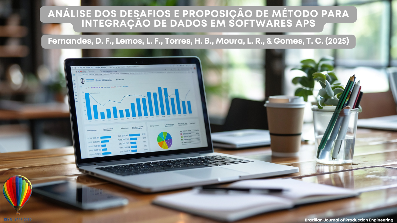 "Imagem de capa do artigo publicado na Brazilian Journal of Production Engineering, mostrando um notebook sobre uma mesa de madeira com gráficos e diagramas coloridos na tela, ao lado de um copo de café, uma planta e materiais de escritório."