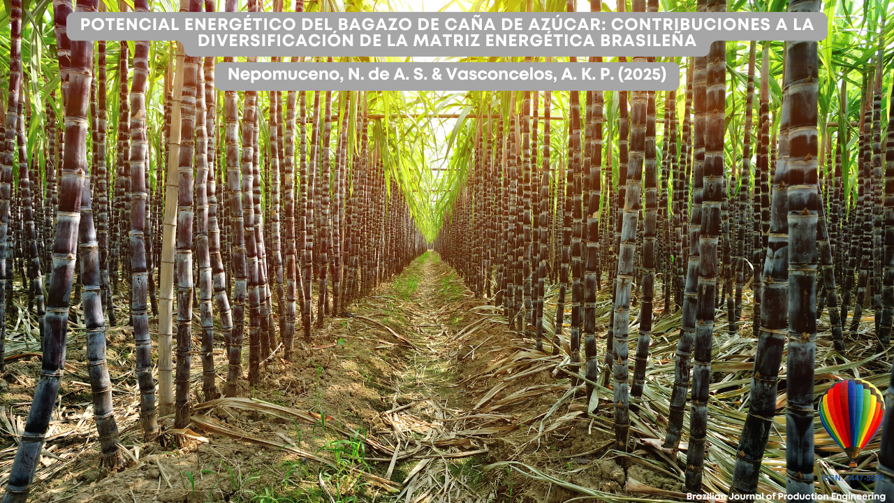 Imagen de un cañaveral denso vista desde un pasillo entre las hileras de caña. La imagen hace referencia al artículo "Potencial energético del bagazo de caña de azúcar: contribuciones a la diversificación de la matriz energética brasileña", publicado en la Brazilian Journal of Production Engineering. En la esquina inferior derecha, se muestra el logotipo de la revista con un globo aerostático colorido