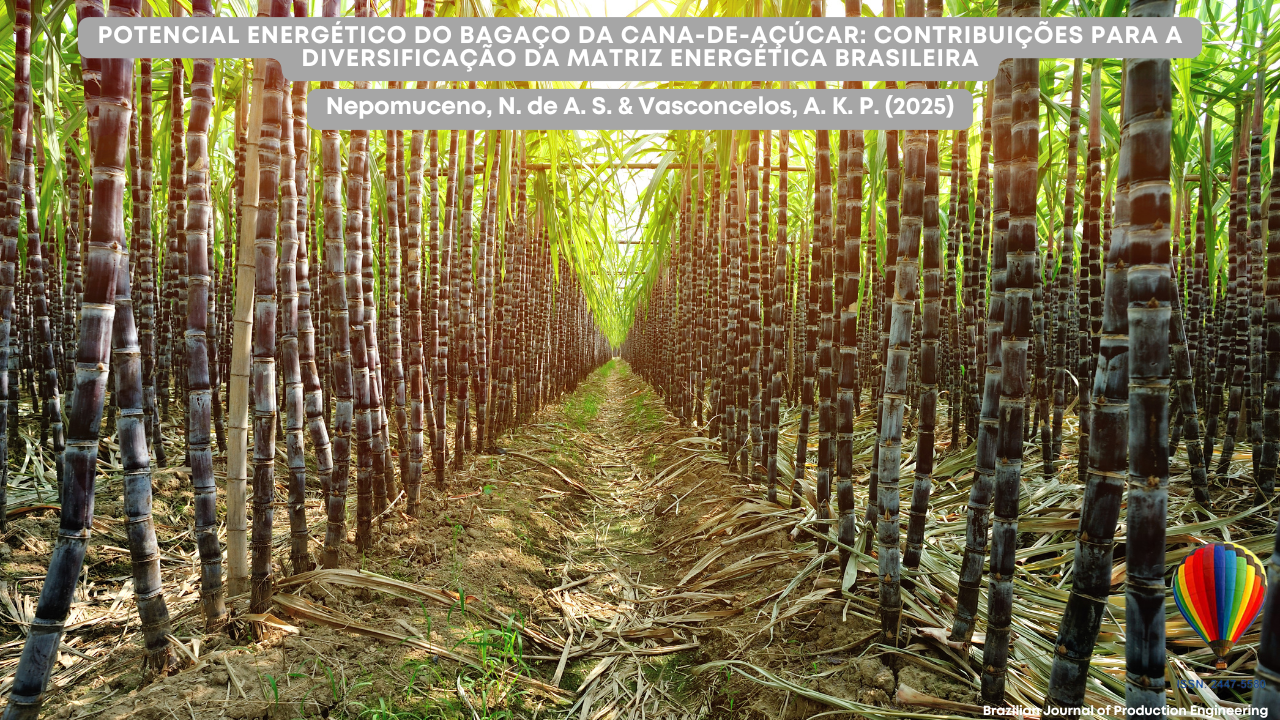 Imagem de uma plantação densa de cana-de-açúcar vista de dentro de um corredor entre fileiras. A imagem está relacionada ao artigo "Potencial energético do bagaço da cana-de-açúcar: contribuições para a diversificação da matriz energética brasileira", publicado na Brazilian Journal of Production Engineering. No canto inferior direito, há o logotipo da revista com um balão colorido.