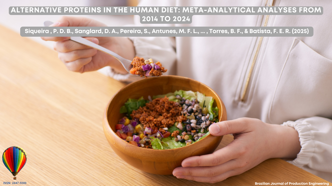 “A person holding a wooden bowl filled with a colorful salad containing vegetables, grains, and plant-based protein, while lifting a spoonful of the food. The title and authors of a meta-analysis study on alternative proteins are displayed at the top.”