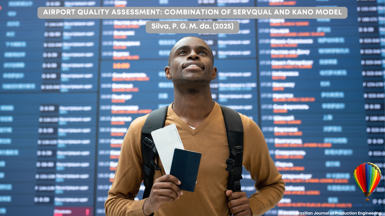 Cover image of the BJPE article. A young traveler, wearing a brown sweater and black backpack, stands in front of an airport flight information board. He holds a passport and a boarding pass, looking upward with a hopeful expression. The article title at the top reads: “Airport quality assessment: combination of SERVQUAL and Kano model.” Author: Silva, P. G. M. da. (2025). In the bottom right corner is the colorful BJPE hot air balloon logo with ISSN 2447-5580.