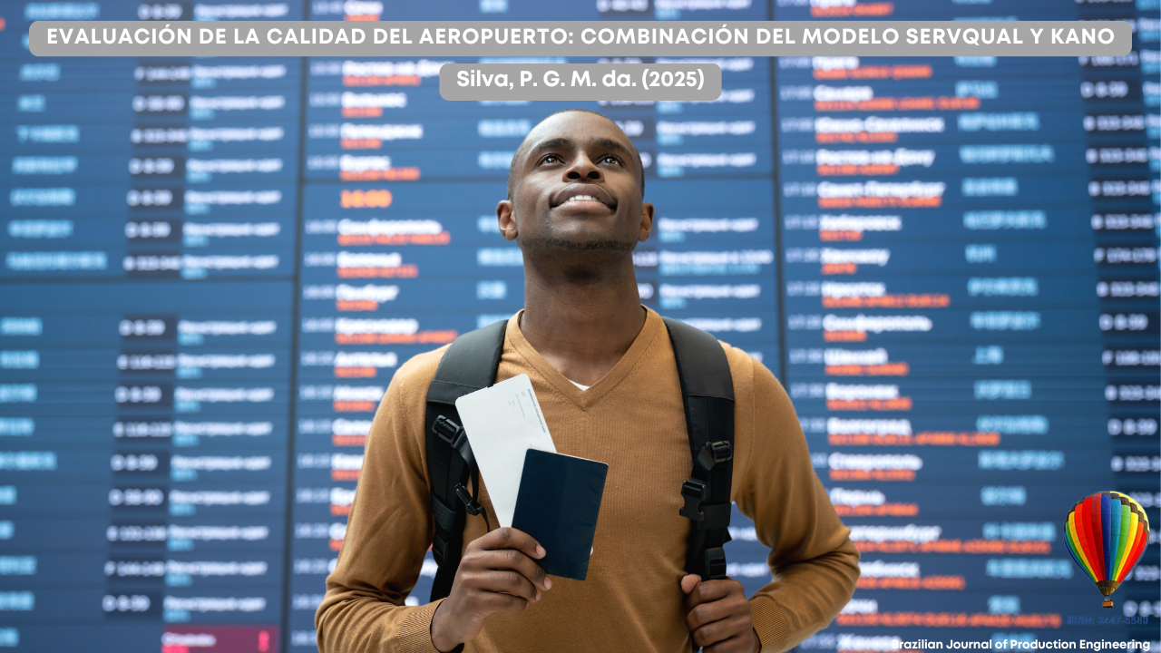 Imagen de portada del artículo de la BJPE. Un pasajero joven, con suéter marrón y mochila negra, está frente a una pantalla electrónica de información de vuelos en un aeropuerto. Sostiene un pasaporte y una tarjeta de embarque, mirando hacia arriba con expresión de expectativa. En la parte superior se lee el título del artículo: “Evaluación de la calidad del aeropuerto: combinación del modelo SERVQUAL y Kano”. Autor: Silva, P. G. M. da. (2025). En la esquina inferior derecha aparece el logotipo del globo aerostático de BJPE con el ISSN 2447-5580.