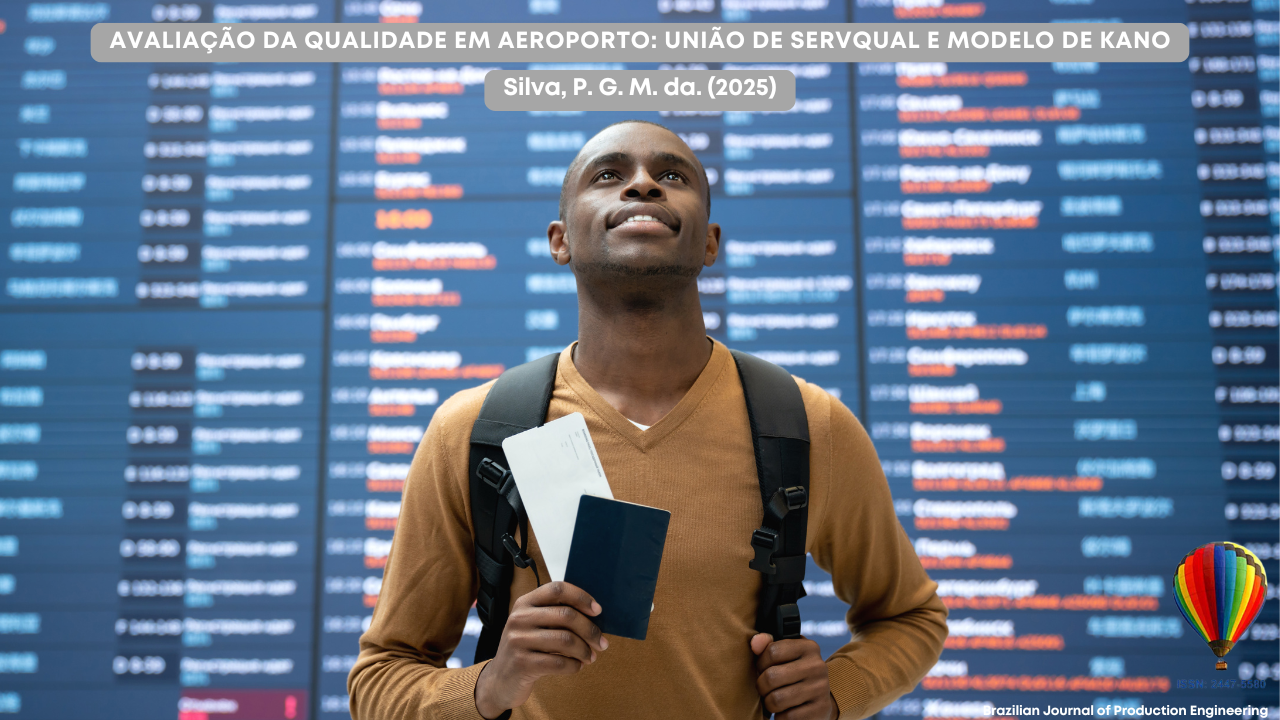Imagem de capa do artigo da BJPE. Um passageiro jovem, vestindo suéter marrom e mochila preta, está diante de um painel eletrônico de voos em um aeroporto. Ele segura um passaporte e uma passagem aérea, olhando para cima com expressão de expectativa. No topo da imagem está o título do artigo: “Avaliação da qualidade do aeroporto: combinação dos modelos SERVQUAL e Kano”. O autor é Silva, P. G. M. da. (2025). No canto inferior direito, aparece o logotipo colorido da BJPE com o ISSN 2447-5580.