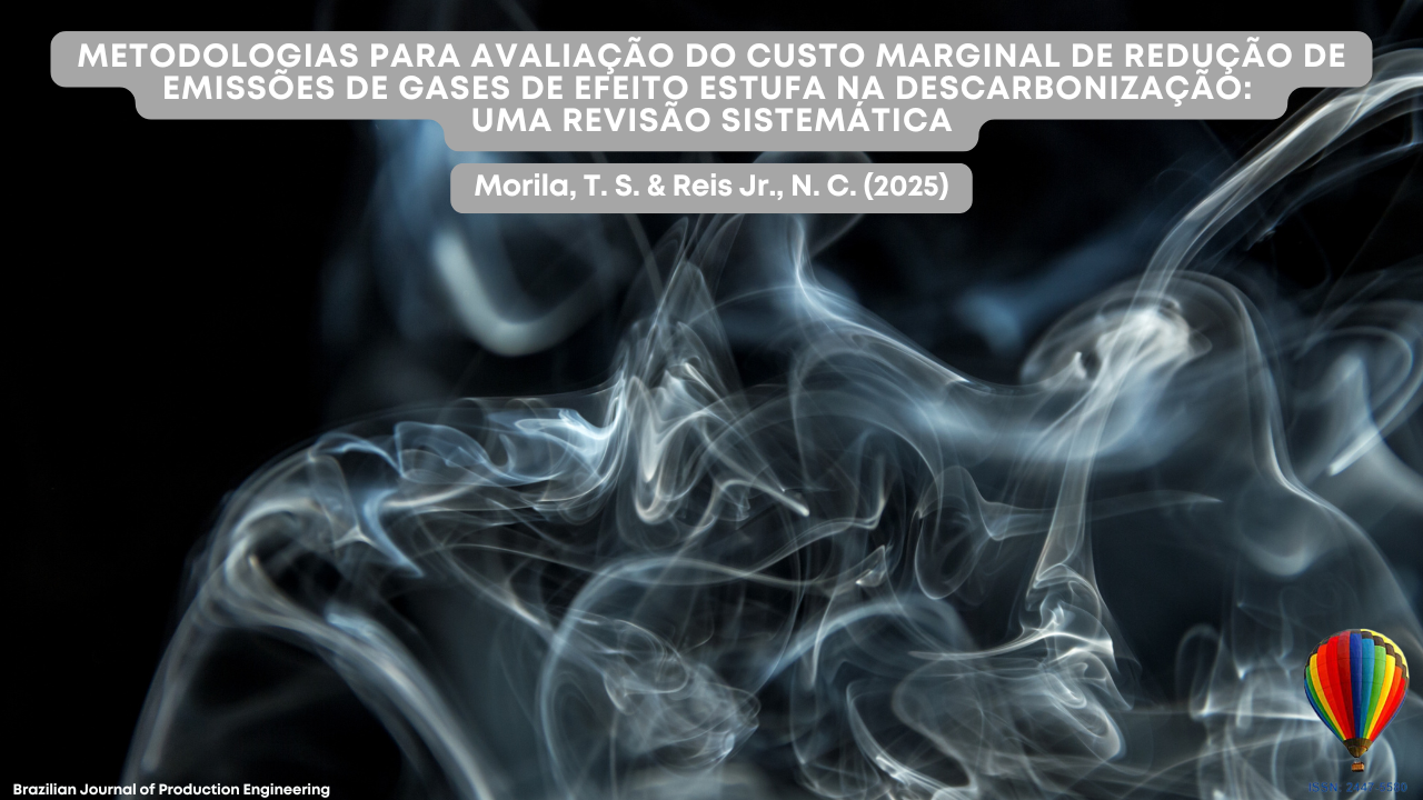 "A imagem mostra redemoinhos de fumaça cinza sobre um fundo preto. Na parte superior, uma faixa cinza exibe o título: ‘Metodologias para avaliação do custo marginal de redução de emissões de gases de efeito estufa na descarbonização: uma revisão sistemática.’ Logo abaixo, estão os autores: Morila, T. S. & Reis Jr., N. C. (2025). No canto inferior direito, aparece um logotipo de balão colorido junto ao número ISSN da revista Brazilian Journal of Production Engineering."
