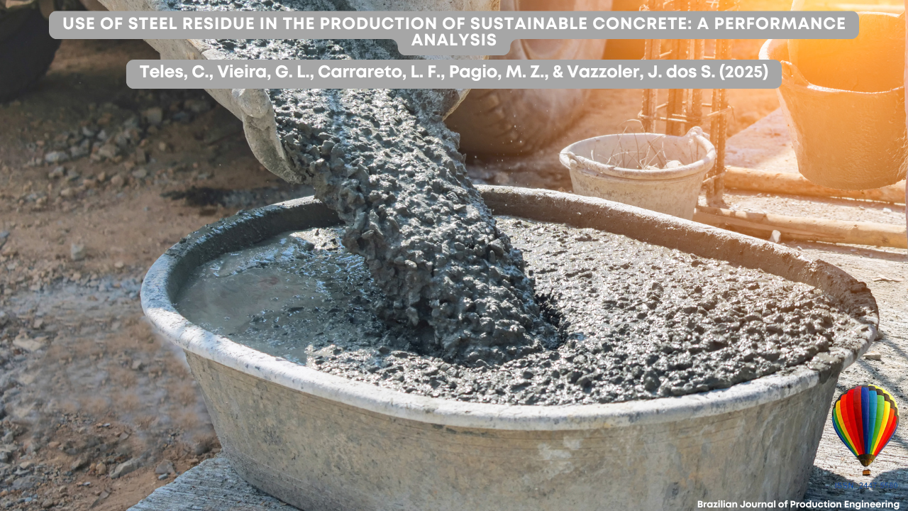 Three versions of a scientific article cover show the same background: fresh concrete being poured from a container into a round mold at a construction site. The surface is rough and shows sunlight reflecting off the wet concrete. In the lower right corner, there is a colorful hot air balloon logo with the ISSN 2447-5580 and the text “Brazilian Journal of Production Engineering.”  Each version presents the article title and authors centered in a gray banner, in different languages:  English: USE OF STEEL RESIDUE IN THE PRODUCTION OF SUSTAINABLE CONCRETE: A PERFORMANCE ANALYSIS Teles, C., Vieira, G. L., Carracreto, L. F., Pagio, M. Z., & Vazzoler, J. dos S. (2025)