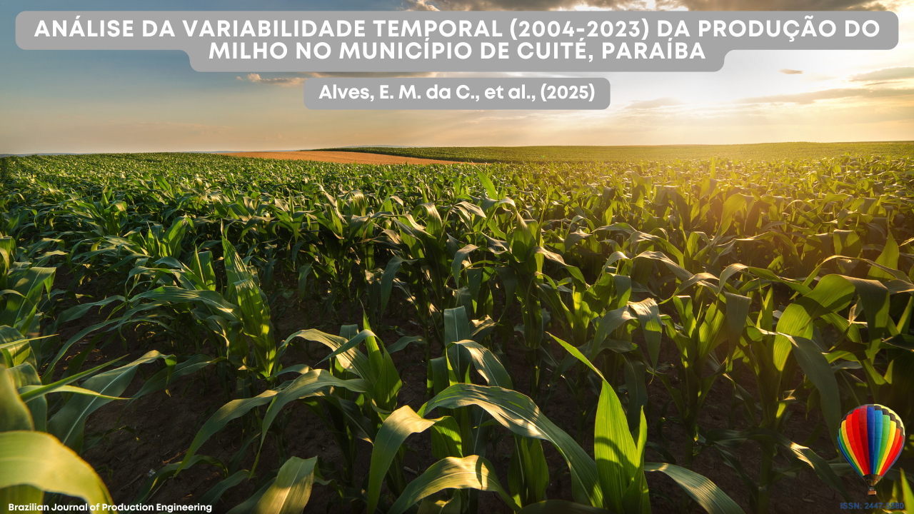 "Uma plantação de milho ao pôr do sol ilustra o artigo Análise da Variabilidade Temporal (2004-2023) da Produção do Milho no Município de Cuité, Paraíba, publicado na Brazilian Journal of Production Engineering."