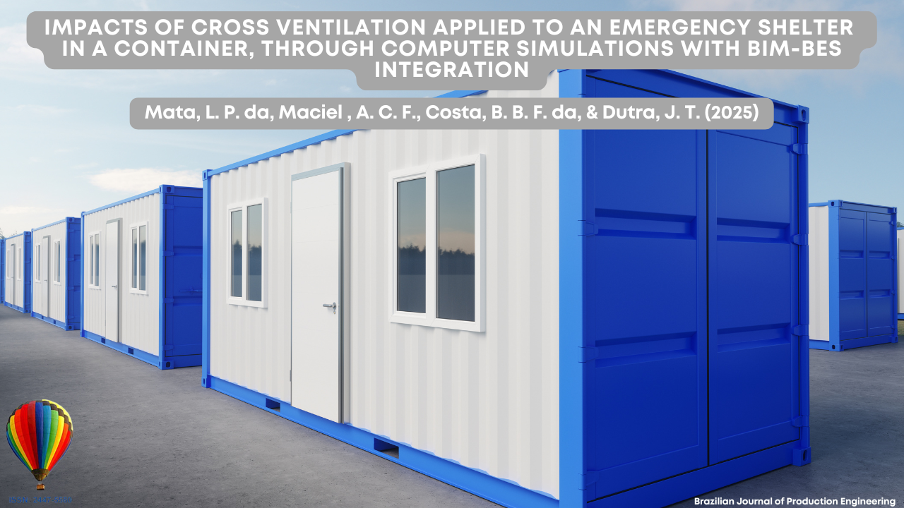 "Cover image of the article published in the Brazilian Journal of Production Engineering, showing several white and blue container modules aligned as emergency shelters. The title highlights the study on cross ventilation applied to container shelters through computer simulations with BIM-BES integration."