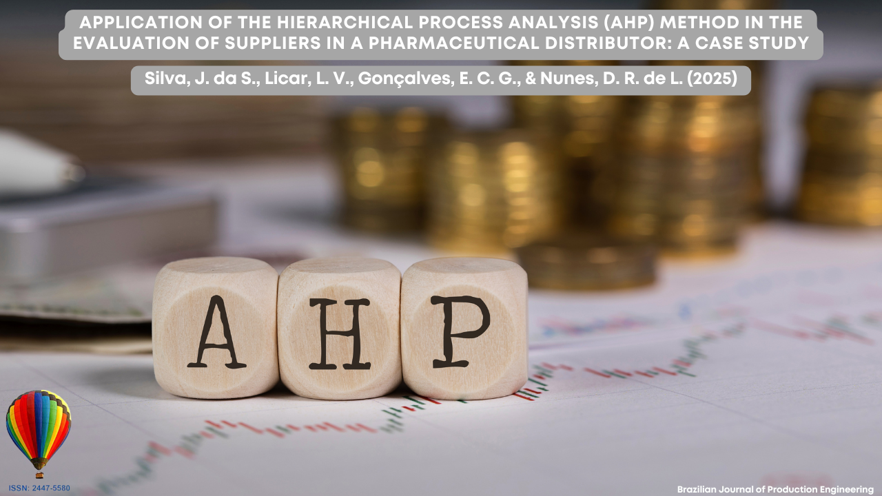 Cover image of the article “Application of the Hierarchical Process Analysis (AHP) Method in the Evaluation of Suppliers in a Pharmaceutical Distributor: A Case Study.” The image features three wooden cubes on a desk, each marked with the letters “A,” “H,” and “P,” forming the acronym for the AHP method. In the blurred background, stacks of golden coins and printed charts symbolize financial evaluation and decision-making processes. At the top, the article title and authors’ names are displayed in white text over gray banners. The BJPE hot-air balloon logo with the ISSN number appears in the bottom left corner, and the text “Brazilian Journal of Production Engineering” appears in the bottom right.