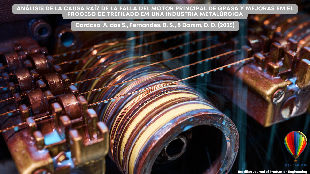"Resumen gráfico del artículo titulado Análisis de la Causa Raíz de la Falla del Motor Principal de Grasa y Mejoras en el Proceso de Trefilado en una Industria Metalúrgica. La imagen muestra un primer plano de una máquina industrial de trefilado de alambres en funcionamiento, con varios engranajes y poleas de color cobre guiando alambres metálicos delgados. La maquinaria parece estar lubricada y operativa. En la esquina inferior derecha se encuentra el logotipo del globo aerostático multicolor de la Revista Brasileña de Ingeniería de Producción, junto al ISSN 2447-5580."
