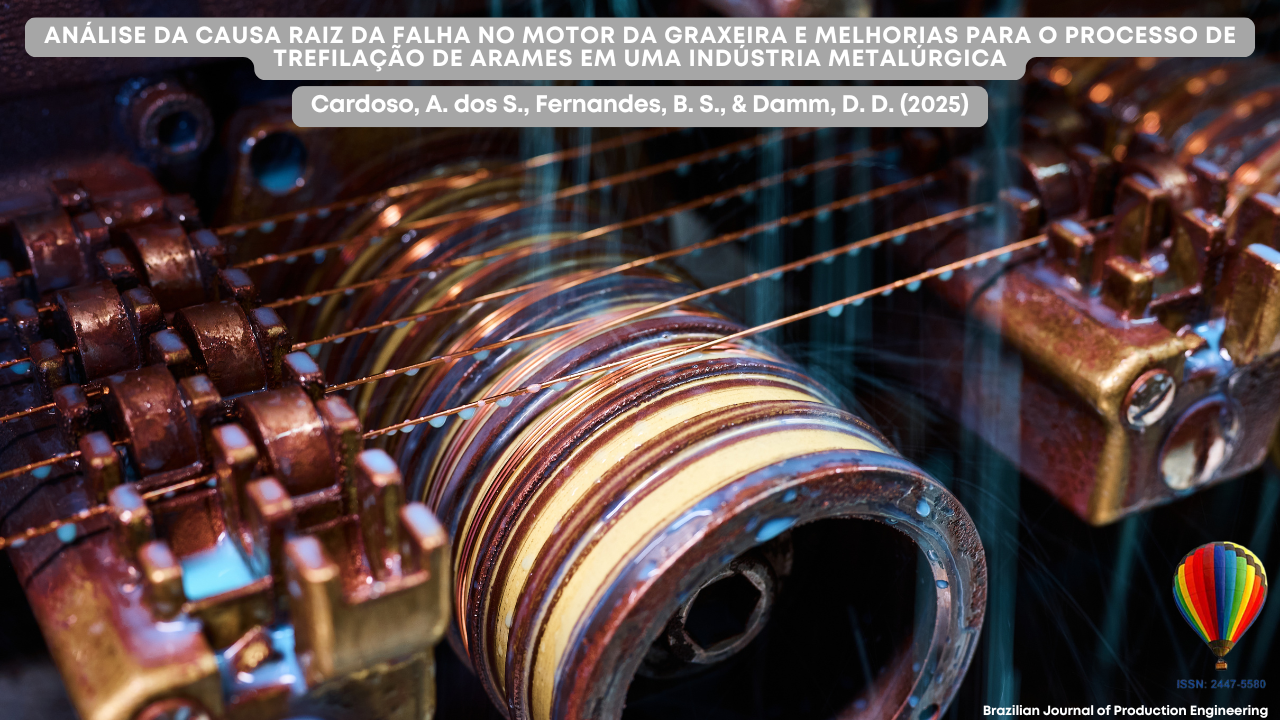 "Resumo gráfico do artigo intitulado Análise da Causa Raiz da Falha no Motor da Graxeira e Melhorias para o Processo de Trefilação de Arames em uma Indústria Metalúrgica. A imagem apresenta um close-up de uma máquina industrial de trefilação em operação, com diversos engrenagens e polias metálicas em tom cobre guiando fios finos de metal. A máquina está aparentemente lubrificada e em pleno funcionamento. No canto inferior direito, aparece o logotipo do balão colorido da Revista Brasileira de Engenharia de Produção, com o ISSN 2447-5580."