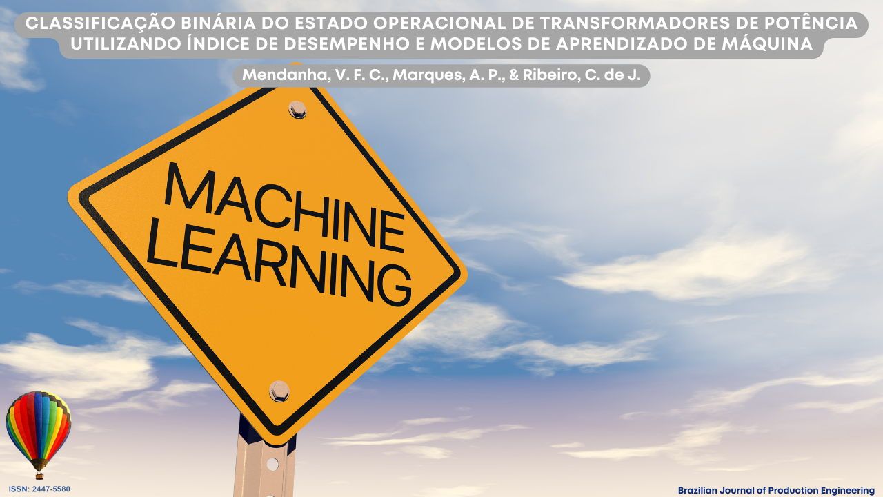 Imagem com fundo de céu azul e nuvens leves, destacando uma placa de sinalização amarela semelhante às utilizadas em estradas, contendo a inscrição “Machine Learning”. A placa aparece em primeiro plano, inclinada, sugerindo alerta ou atenção para o tema central da aprendizagem de máquina. Na parte superior da imagem está o título do artigo “Classificação binária do estado operacional de transformadores de potência utilizando índice de desempenho e modelos de aprendizado de máquina”, acompanhado dos autores Marques, A. P., Mendanha, V. F. C., e Ribeiro, C. de J. (2026). No canto inferior da imagem aparece a identificação da Brazilian Journal of Production Engineering e o ISSN da revista.