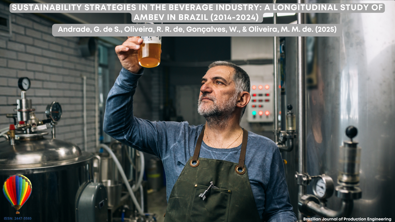 Image showing a brewery worker inside an industrial beer production facility, holding a glass of beer up to the light to inspect its color and clarity. He wears a green apron and stands surrounded by stainless-steel tanks, gauges, and control panels. At the top, the image displays the article title “Sustainability Strategies in the Brewing Industry: A Longitudinal Study of Ambev in Brazil (2014–2024),” along with the authors’ names and the logo of the Brazilian Journal of Production Engineering.