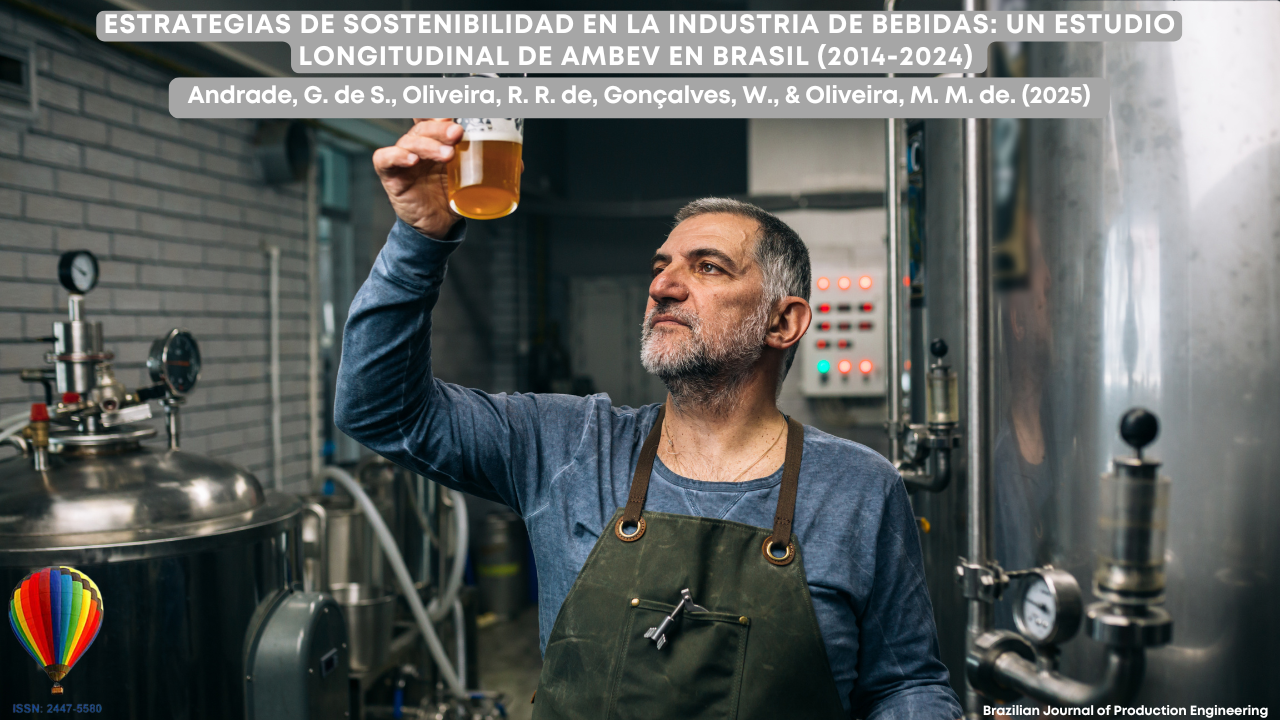 Imagen que muestra a un trabajador de una cervecería dentro de una planta industrial de producción de cerveza, sosteniendo un vaso de cerveza hacia la luz para inspeccionar su color y claridad. Viste un delantal verde y está rodeado de tanques de acero inoxidable, manómetros y paneles de control. En la parte superior, aparece el título del artículo “Estrategias de sostenibilidad en la industria cervecera: un estudio longitudinal de Ambev en Brasil (2014–2024)”, junto con los nombres de los autores y el logotipo de la Brazilian Journal of Production Engineering.