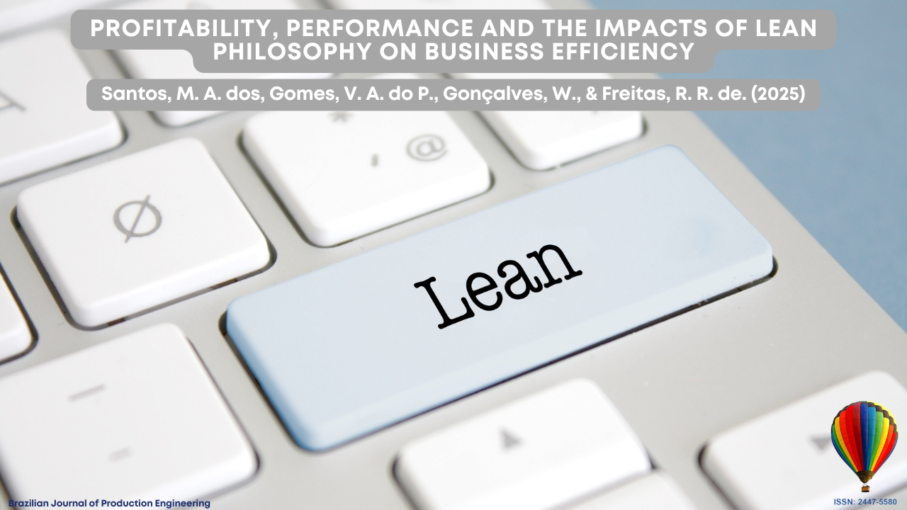 "A close-up of a computer keyboard where one large light blue key is labeled ‘Lean.’ Above the image, a gray banner displays the article title: ‘Profitability, Performance and the Impacts of Lean Philosophy on Business Efficiency’ by Santos, M. A. dos, Gomes, V. A. do P., Gonçalves, W., & Freitas, R. R. de (2025). At the bottom right, there is a colorful hot air balloon logo with the ISSN number of the Brazilian Journal of Production Engineering."
