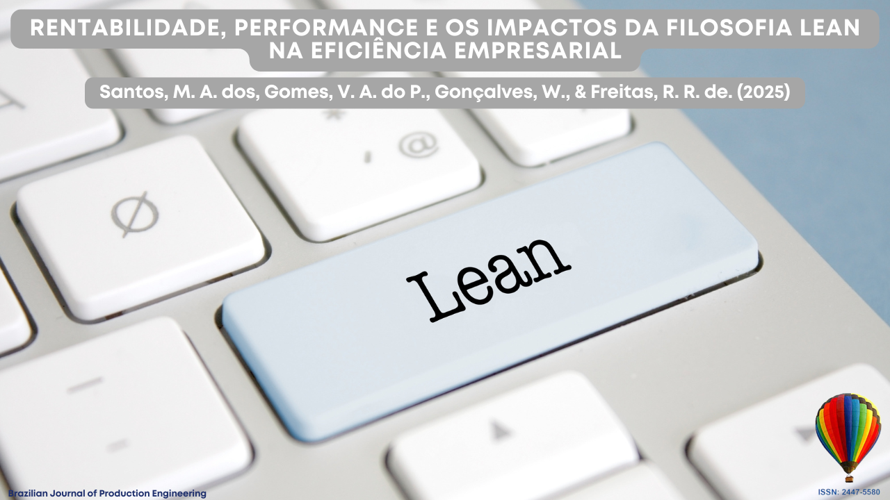 "Um close de um teclado de computador onde uma tecla grande azul clara está identificada com a palavra ‘Lean.’ Na parte superior da imagem, uma faixa cinza exibe o título do artigo: ‘Rentabilidade, performance e os impactos da filosofia Lean na eficiência empresarial’ de Santos, M. A. dos, Gomes, V. A. do P., Gonçalves, W., & Freitas, R. R. de (2025). No canto inferior direito, há um logotipo de balão colorido acompanhado do número ISSN da revista Brazilian Journal of Production Engineering."