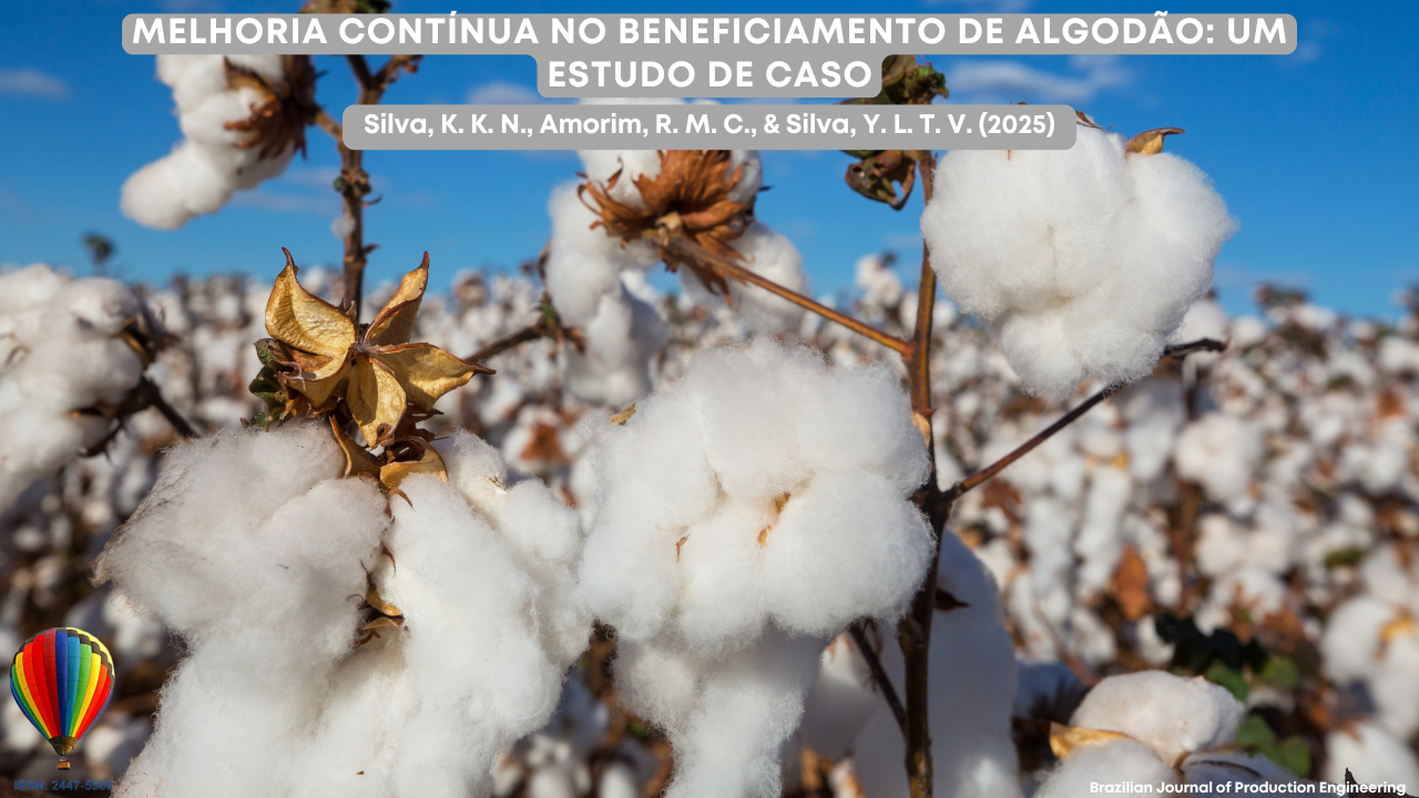Imagem mostrando um close de um campo de algodão com diversas plumas brancas prontas para a colheita sob um céu azul. O título na imagem é “Melhoria Contínua no Processamento do Algodão: Um Estudo de Caso”, acompanhado dos nomes dos autores e do logotipo da Brazilian Journal of Production Engineering.