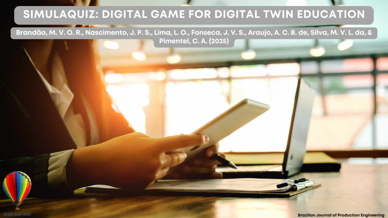 "Research cover image showing a person using a tablet in a study or work environment, representing the article SimulaQuiz: Digital Game for Digital Twin Education published in the Brazilian Journal of Production Engineering."