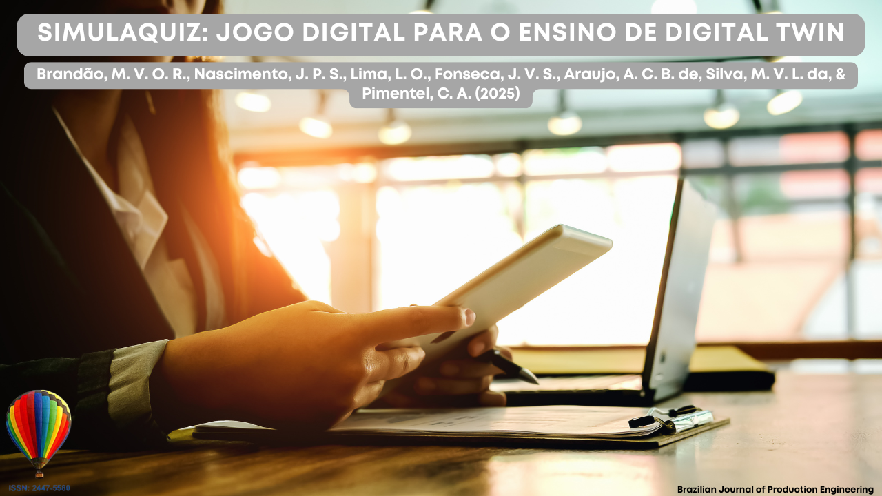 "Imagem de capa de pesquisa mostrando uma pessoa utilizando um tablet em um ambiente de estudo ou trabalho, representando o artigo SimulaQuiz: Jogo Digital para o Ensino de Digital Twin publicado na Brazilian Journal of Production Engineering."