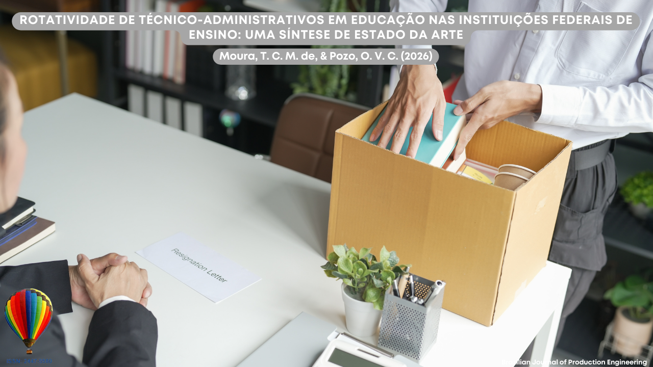 Imagem mostrando uma cena em ambiente de escritório que sugere desligamento ou transição profissional. Um trabalhador organiza seus pertences pessoais e materiais de escritório dentro de uma caixa de papelão sobre a mesa, enquanto outra pessoa, sentada à frente, observa a situação. Sobre a mesa é possível ver um documento com a inscrição “Resignation Letter”, além de objetos como um pequeno vaso de planta e um porta-canetas. Ao fundo, aparecem estantes com livros e pastas organizadas. Na parte superior da imagem está o título do artigo “Rotatividade de técnico-administrativos em educação nas instituições federais de ensino: uma síntese de estado da arte”, acompanhado dos autores Moura, T. C. M. de e Pozo, O. V. C. (2026). No canto inferior aparece a identificação da Brazilian Journal of Production Engineering e o ISSN da revista.