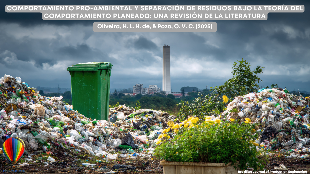 “Imagen de un gran contenedor verde colocado entre montículos de residuos plásticos en un terreno abierto. Al fondo, se observa una ciudad distante y una torre alta bajo un cielo nublado. En el lado derecho hay flores amarillas y en la esquina inferior izquierda aparece un globo aerostático colorido. En la parte superior se muestra el título del artículo sobre comportamiento proambiental y recolección selectiva. En la esquina inferior derecha aparece el nombre de la revista Brazilian Journal of Production Engineering.”