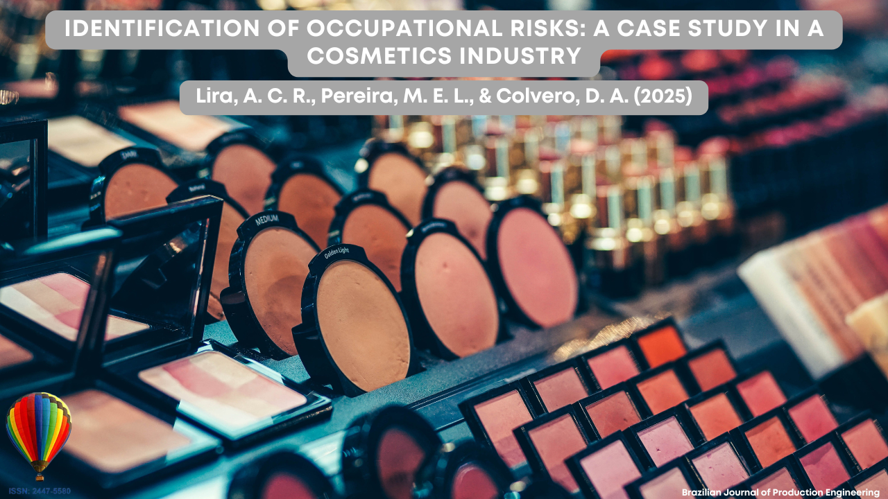 Image showing various makeup products arranged on shelves, including compact powders and eyeshadow palettes. At the top, there is a title with the article name about identifying occupational risks in the cosmetics industry, followed by the authors’ names. In the lower-left corner, there is the BJPE logo represented as a colorful hot air balloon.