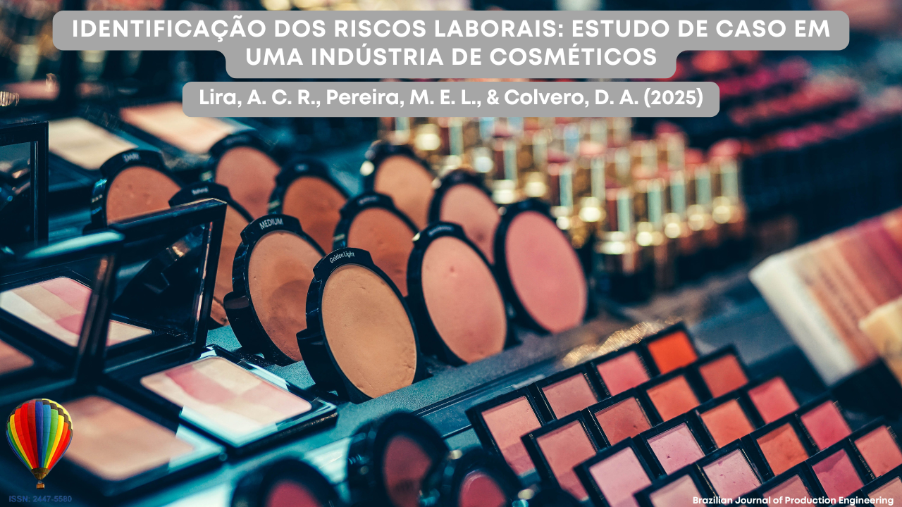 Imagem com diversos produtos de maquiagem organizados em prateleiras, como pós compactos e paletas de sombra. Na parte superior, há um título com o nome do artigo sobre identificação de riscos ocupacionais na indústria de cosméticos, seguido pelos nomes dos autores. No canto inferior esquerdo está o logotipo de um balão colorido da BJPE.