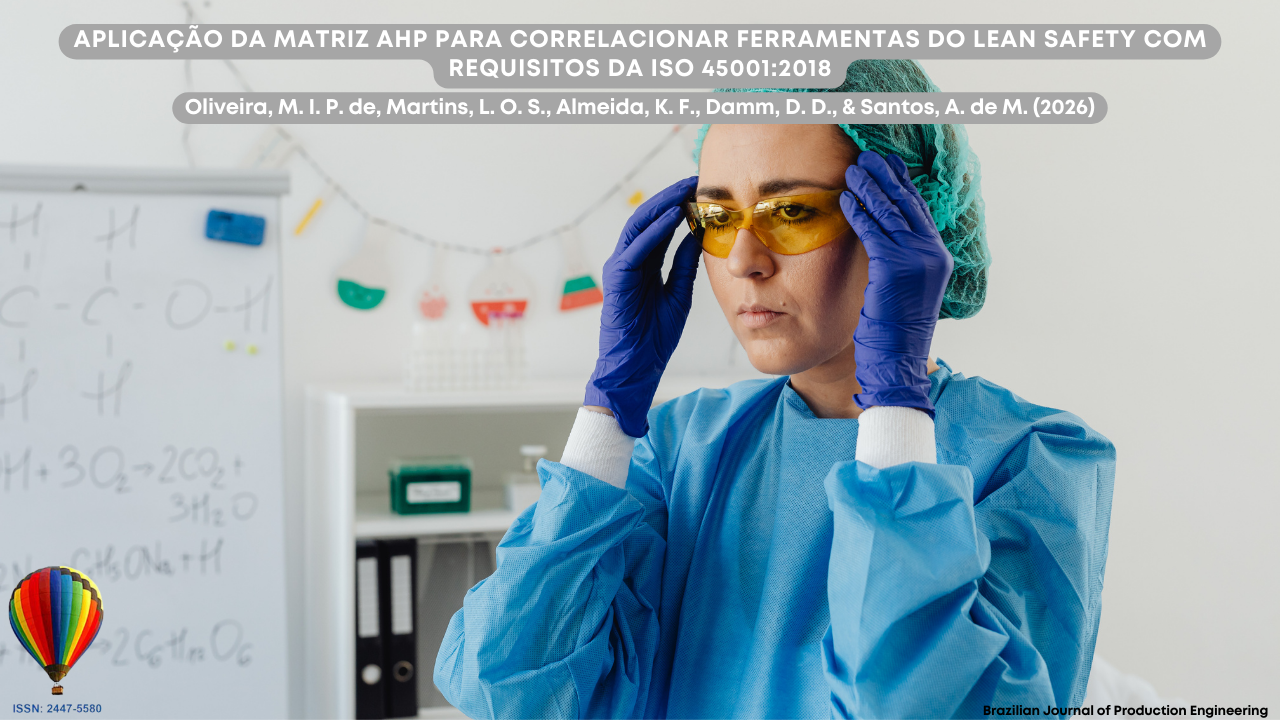 Imagem mostrando uma profissional em ambiente laboratorial ajustando seus óculos de proteção amarelos. Ela utiliza touca descartável, avental hospitalar azul e luvas, indicando conformidade com protocolos de segurança. Ao fundo, há um quadro com fórmulas químicas e materiais de laboratório. Na parte superior, aparece o título do artigo “Aplicação da Matriz AHP para correlacionar ferramentas do Lean Safety com requisitos da ISO 45001:2018”, acompanhado dos nomes dos autores e da identificação da Brazilian Journal of Production Engineering.