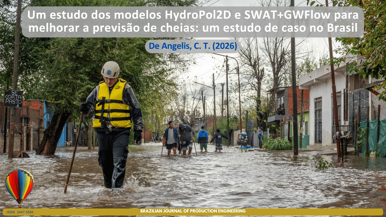 Imagem que retrata uma área urbana alagada, com ruas inundadas e moradores deslocando-se pela água em meio a uma enchente. Em primeiro plano, uma pessoa utilizando colete salva-vidas e equipamento de segurança realiza atividades de monitoramento ou resposta à inundação. Ao fundo, residências, postes e árvores parcialmente cercados pela água evidenciam os impactos do evento hidrológico sobre a comunidade. A composição visual representa os desafios associados à previsão de cheias e à gestão de riscos de inundação, contextualizando a aplicação dos modelos hidrológicos HYDROPOL2D e SWAT+GWFLOW para aprimorar a capacidade de previsão de eventos extremos. Na parte superior, encontra-se o título do artigo “A study of HYDROPOL2D and SWAT+GWFLOW models to improve flood forecasting: a case study in Brazil”, seguido do autor De Angelis, C. T. (2026). Na parte inferior, consta a identificação da Brazilian Journal of Production Engineering e o ISSN da revista.