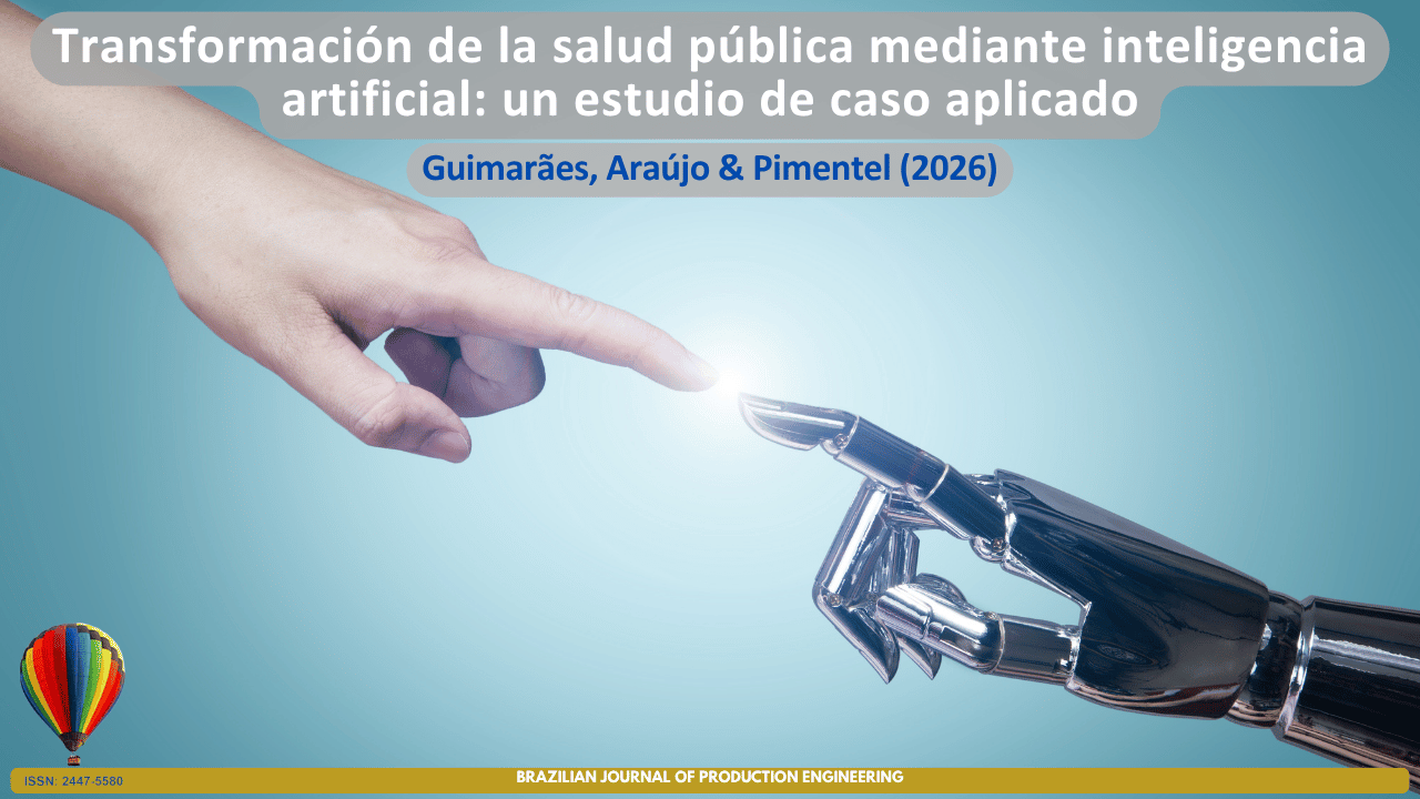 Portada del artículo "Transformando la salud pública con inteligencia artificial: un estudio de caso aplicado". La imagen muestra una mano humana y una mano robótica extendiendo sus dedos hasta casi tocarse, simbolizando la integración entre la inteligencia artificial y la acción humana para impulsar la innovación, la toma de decisiones y la transformación de los servicios de salud pública.